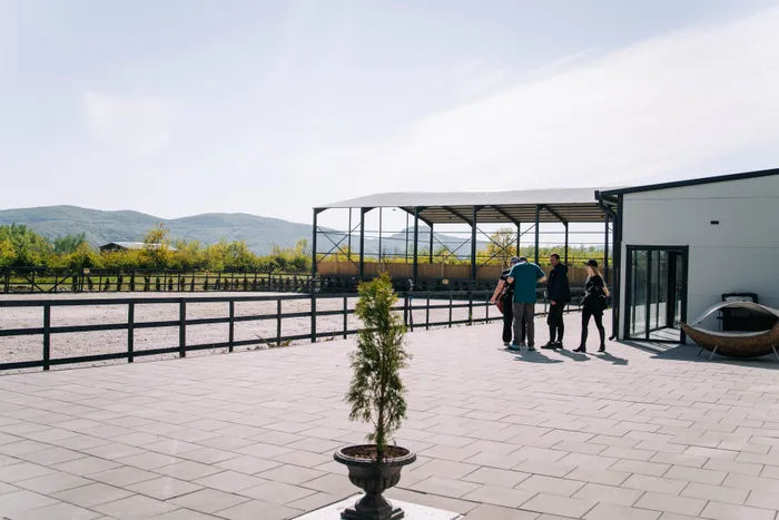 Terasa clădirii principale a academiei, cu vedere spre padocuri și dealuri