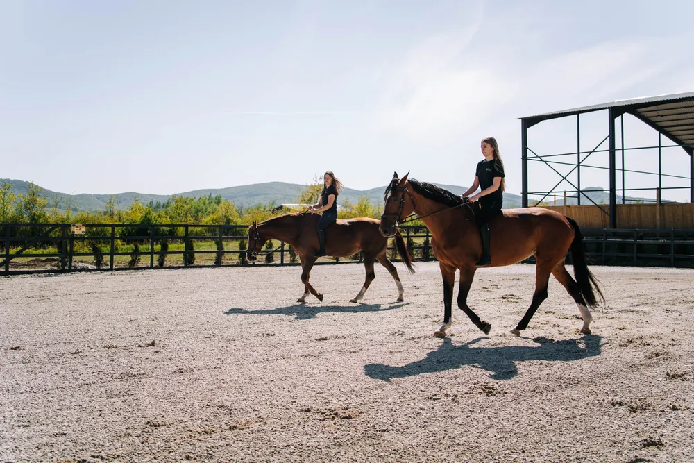 Călăreață în trap pe lângă manejul acoperit al Elite Riders Academy
